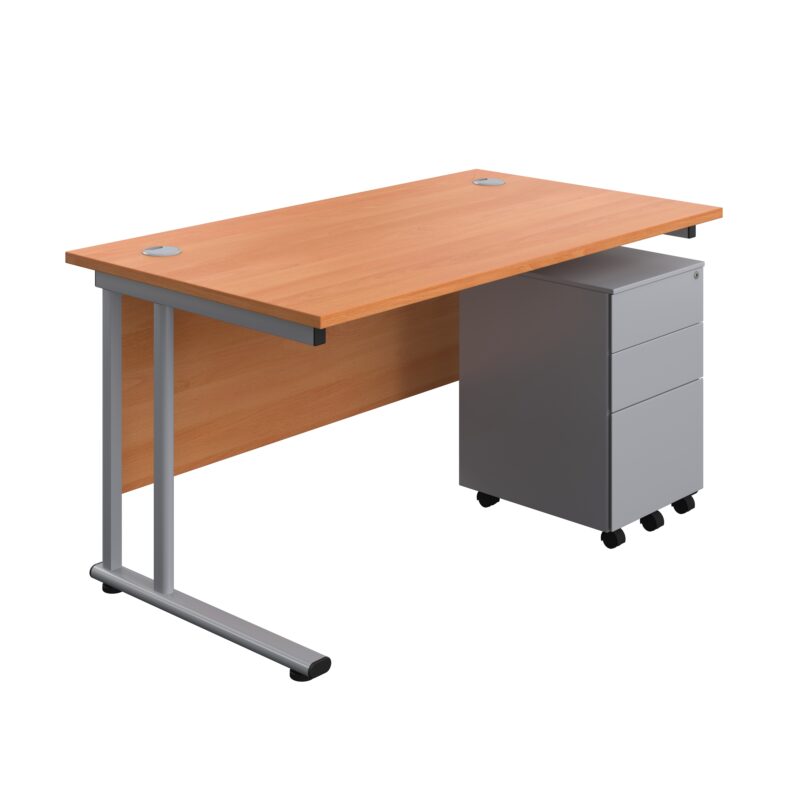 Twin Upright Rectangular Desk + Under Desk Steel Pedestal 3 Drawers | 1400X800 | Beech/Silver