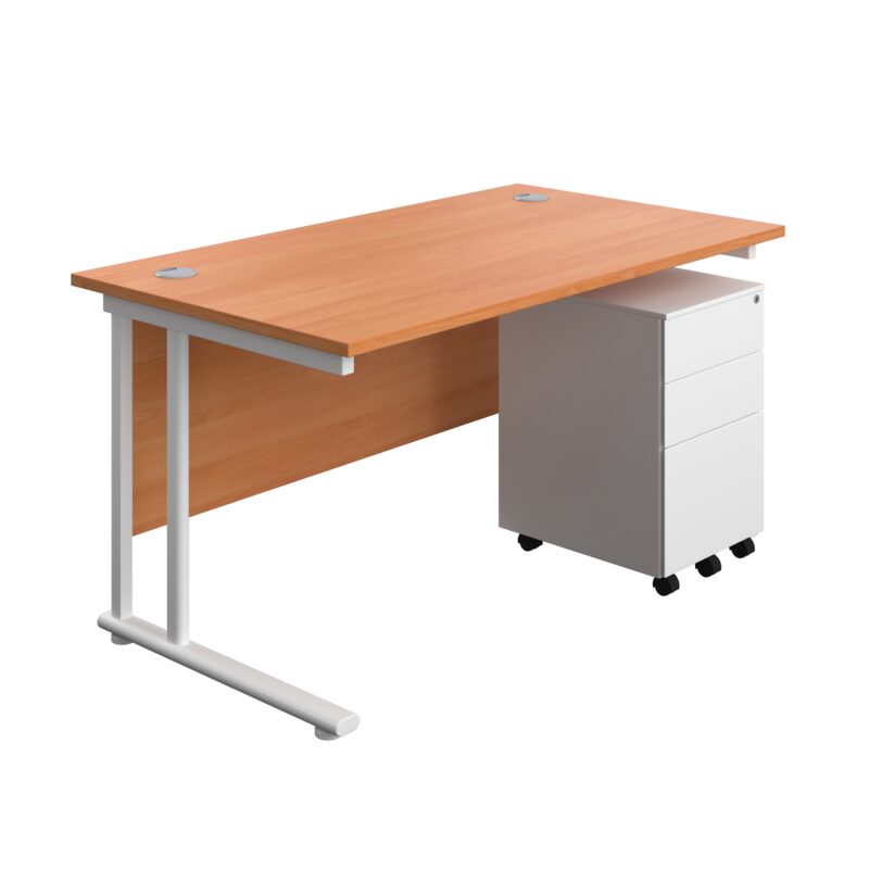 Twin Upright Rectangular Desk + Under Desk Steel Pedestal 3 Drawers | 1400X800 | Beech/White