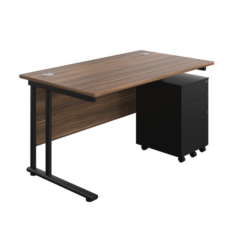 Twin Upright Rectangular Desk + Under Desk Steel Pedestal 3 Drawers | 1400X800 | Dark Walnut/Black