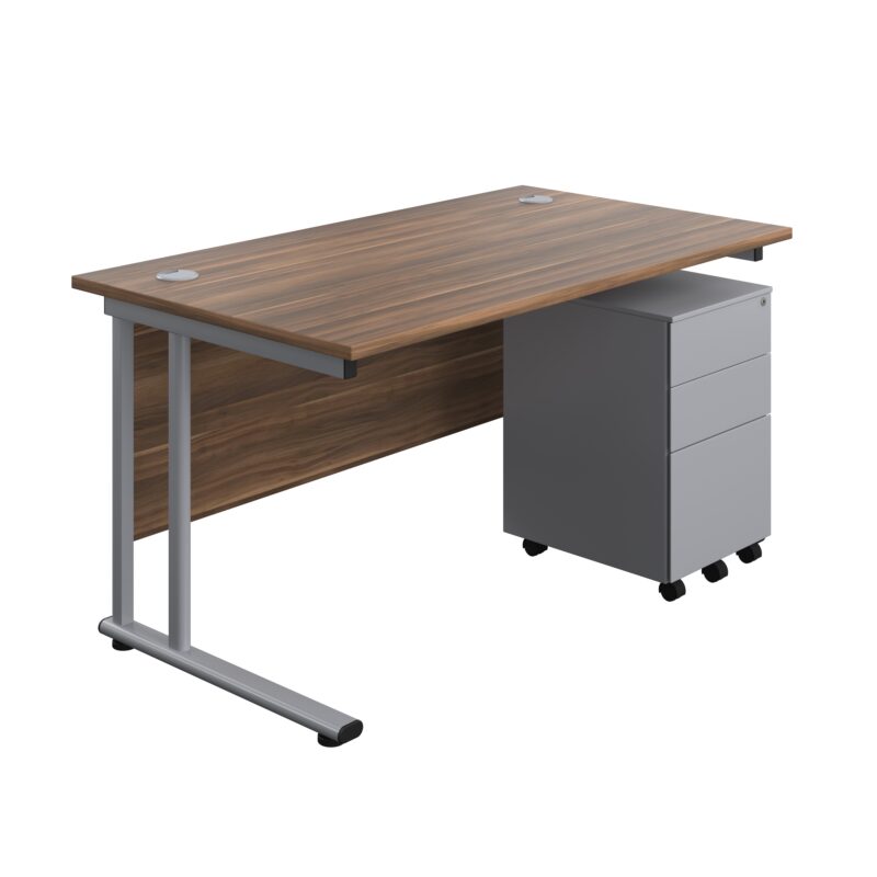 Twin Upright Rectangular Desk + Under Desk Steel Pedestal 3 Drawers | 1400X800 | Dark Walnut/Silver