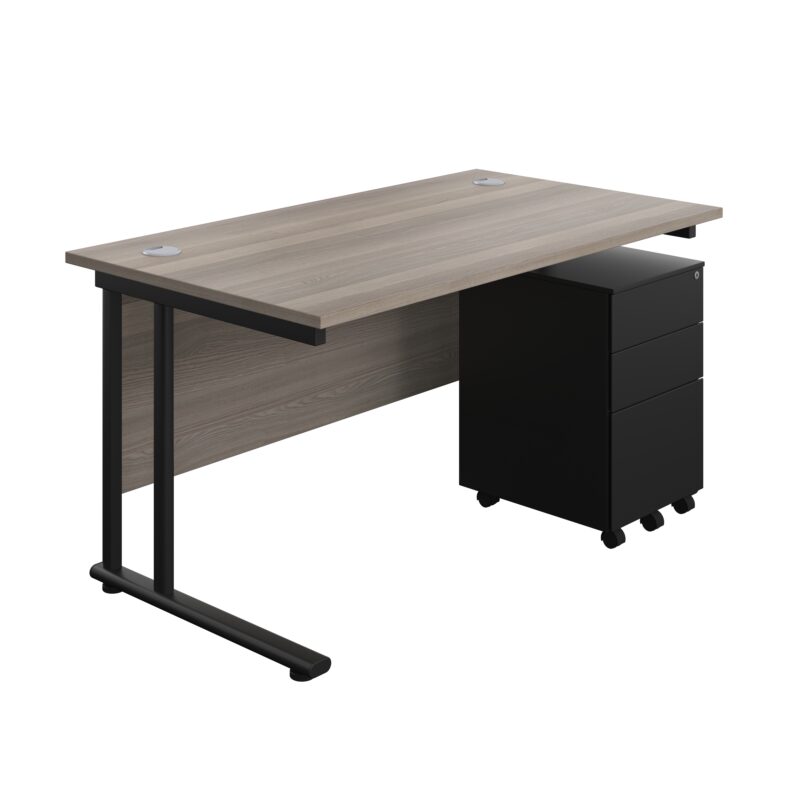 Twin Upright Rectangular Desk + Under Desk Steel Pedestal 3 Drawers | 1400X800 | Grey Oak/Black