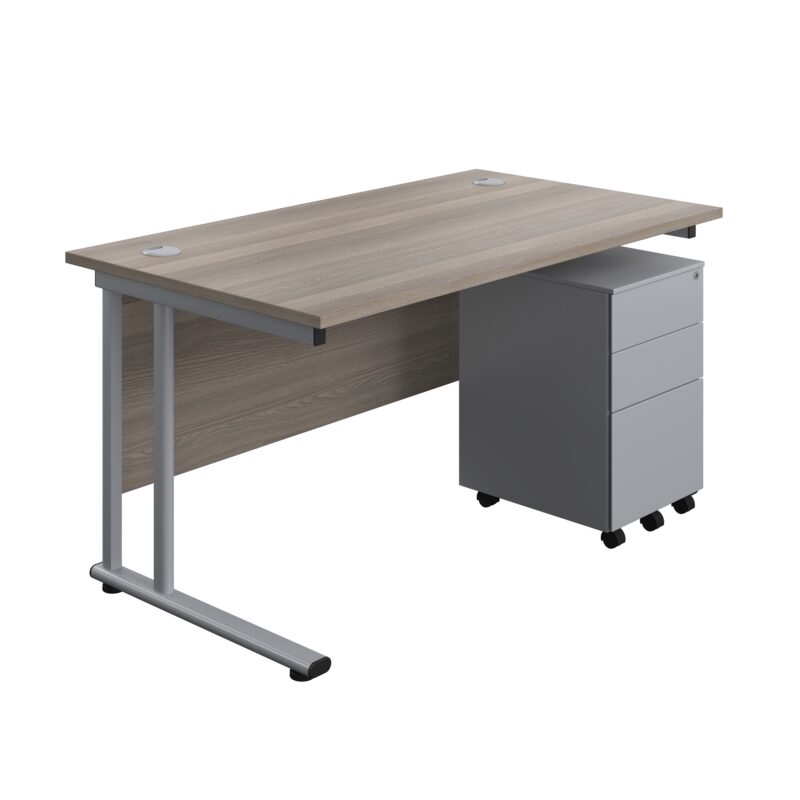 Twin Upright Rectangular Desk + Under Desk Steel Pedestal 3 Drawers | 1400X800 | Grey Oak/Silver