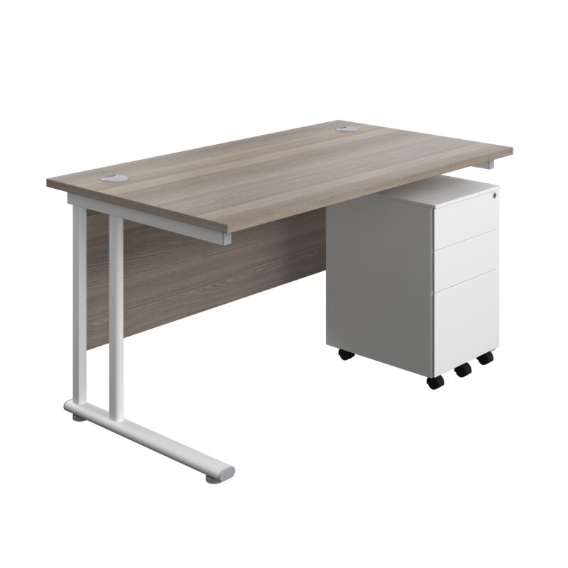 Twin Upright Rectangular Desk + Under Desk Steel Pedestal 3 Drawers | 1400X800 | Grey Oak/White