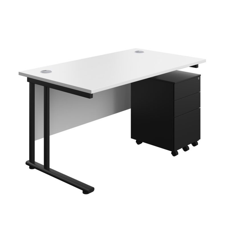 Twin Upright Rectangular Desk + Under Desk Steel Pedestal 3 Drawers | 1400X800 | White/Black