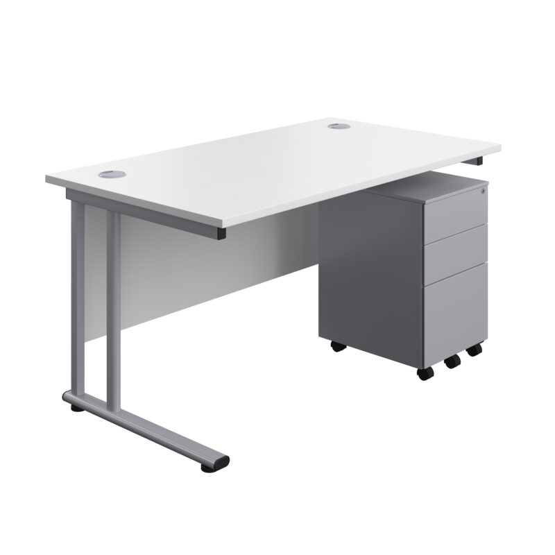 Twin Upright Rectangular Desk + Under Desk Steel Pedestal 3 Drawers | 1400X800 | White/Silver