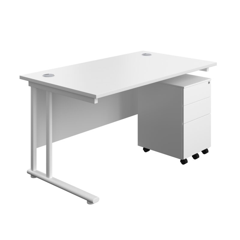 Twin Upright Rectangular Desk + Under Desk Steel Pedestal 3 Drawers | 1400X800 | White/White