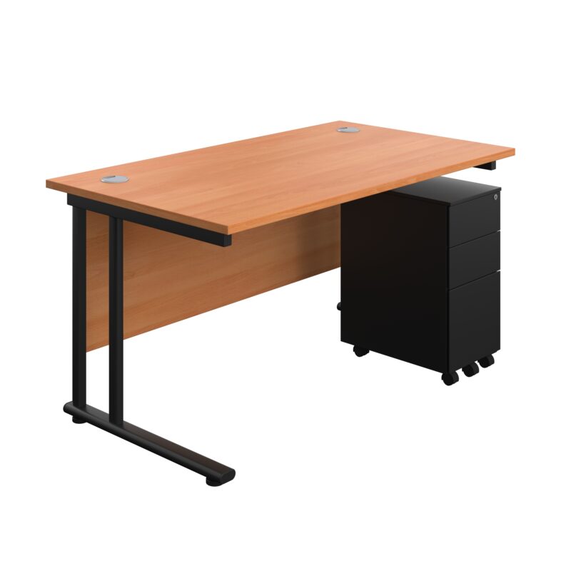 Twin Upright Rectangular Desk + Slimline Steel Pedestal 3 Drawers | 1400X800 | Beech/Black