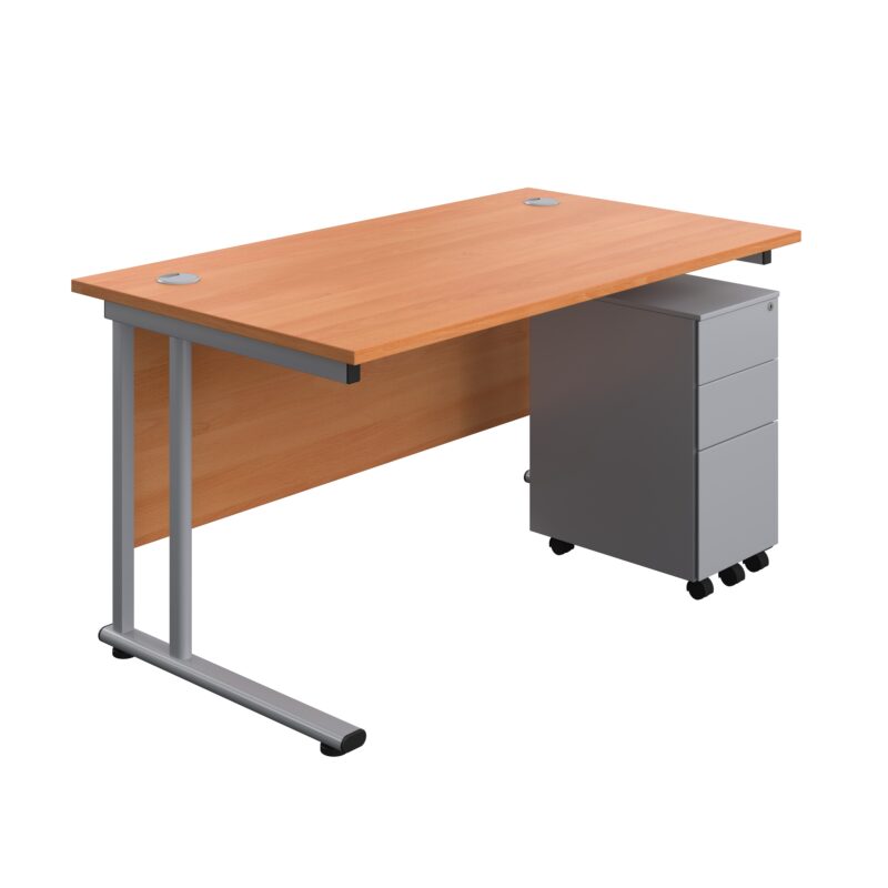 Twin Upright Rectangular Desk + Slimline Steel Pedestal 3 Drawers | 1400X800 | Beech/Silver