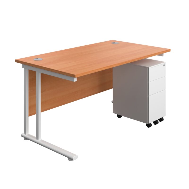 Twin Upright Rectangular Desk + Slimline Steel Pedestal 3 Drawers | 1400X800 | Beech/White