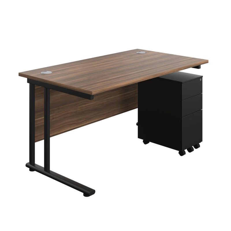 Twin Upright Rectangular Desk + Slimline Steel Pedestal 3 Drawers | 1400X800 | Dark Walnut/Black