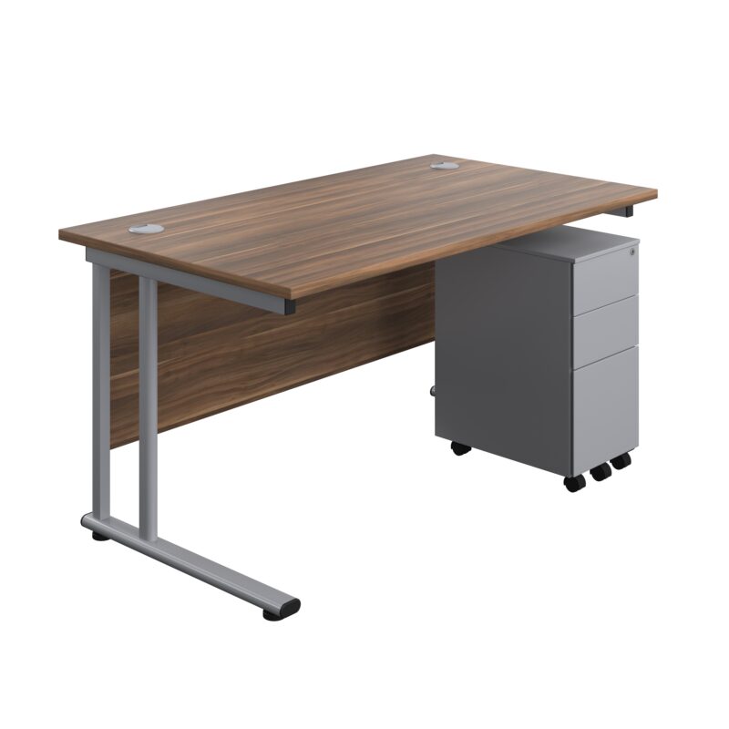 Twin Upright Rectangular Desk + Slimline Steel Pedestal 3 Drawers | 1400X800 | Dark Walnut/Silver