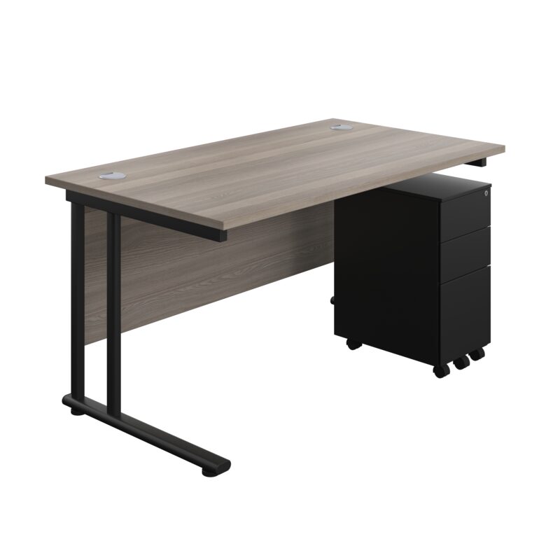 Twin Upright Rectangular Desk + Slimline Steel Pedestal 3 Drawers | 1400X800 | Grey Oak/Black