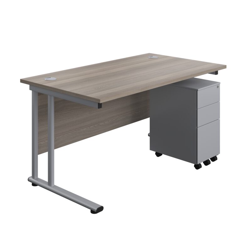 Twin Upright Rectangular Desk + Slimline Steel Pedestal 3 Drawers | 1400X800 | Grey Oak/Silver