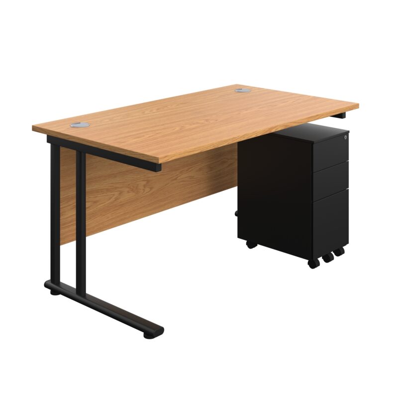 Twin Upright Rectangular Desk + Slimline Steel Pedestal 3 Drawers | 1400X800 | Nova Oak/Black