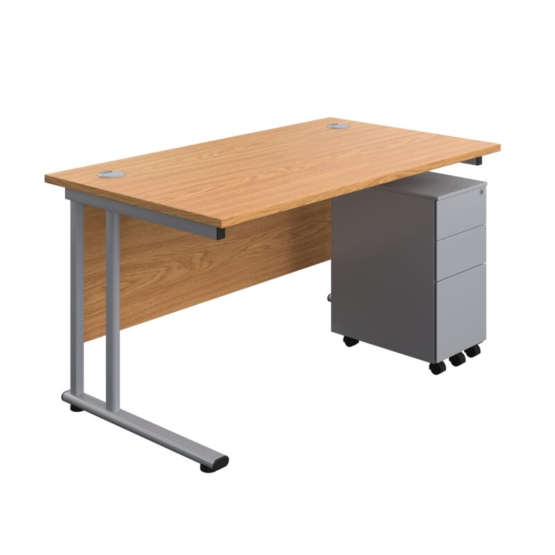 Twin Upright Rectangular Desk + Slimline Steel Pedestal 3 Drawers | 1400X800 | Nova Oak/Silver