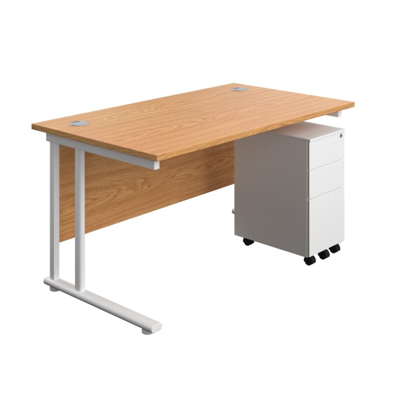 Twin Upright Rectangular Desk + Slimline Steel Pedestal 3 Drawers | 1400X800 | Nova Oak/White