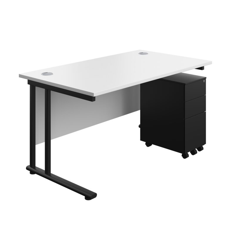 Twin Upright Rectangular Desk + Slimline Steel Pedestal 3 Drawers | 1400X800 | White/Black