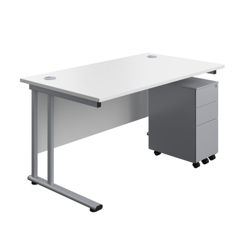 Twin Upright Rectangular Desk + Slimline Steel Pedestal 3 Drawers | 1400X800 | White/Silver