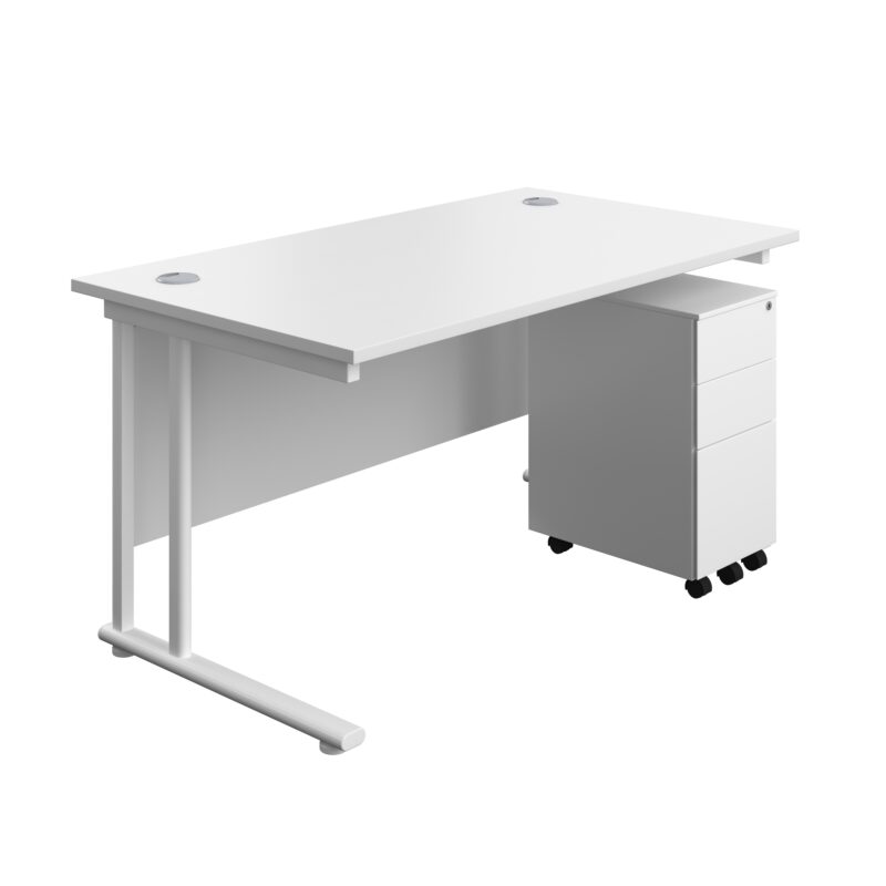 Twin Upright Rectangular Desk + Slimline Steel Pedestal 3 Drawers | 1400X800 | White/White