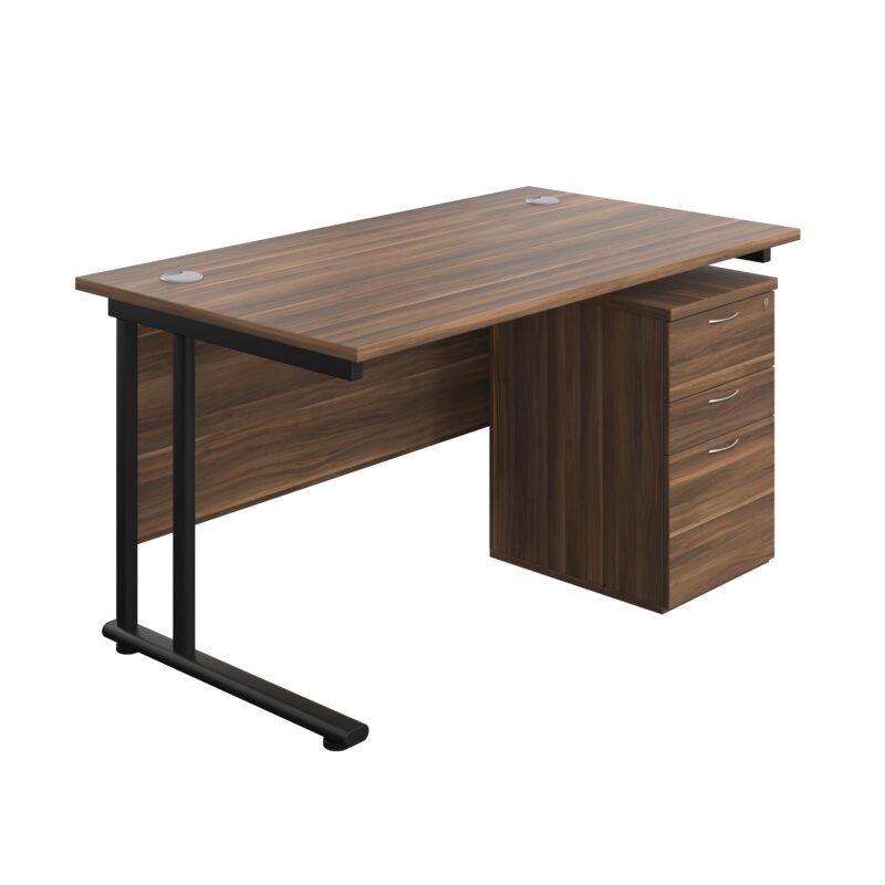 Twin Upright Rectangular Desk + High Mobile Pedestal 3 Drawer | 1400X800 | Dark Walnut/Black