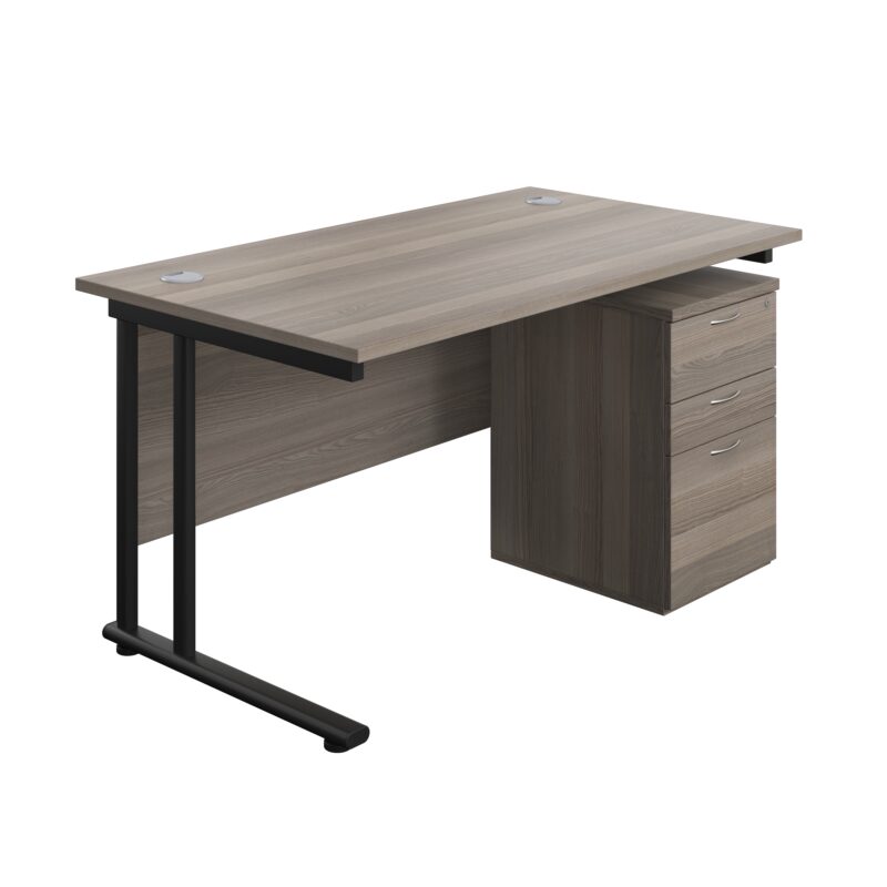 Twin Upright Rectangular Desk + High Mobile Pedestal 3 Drawer | 1400X800 | Grey Oak/Black