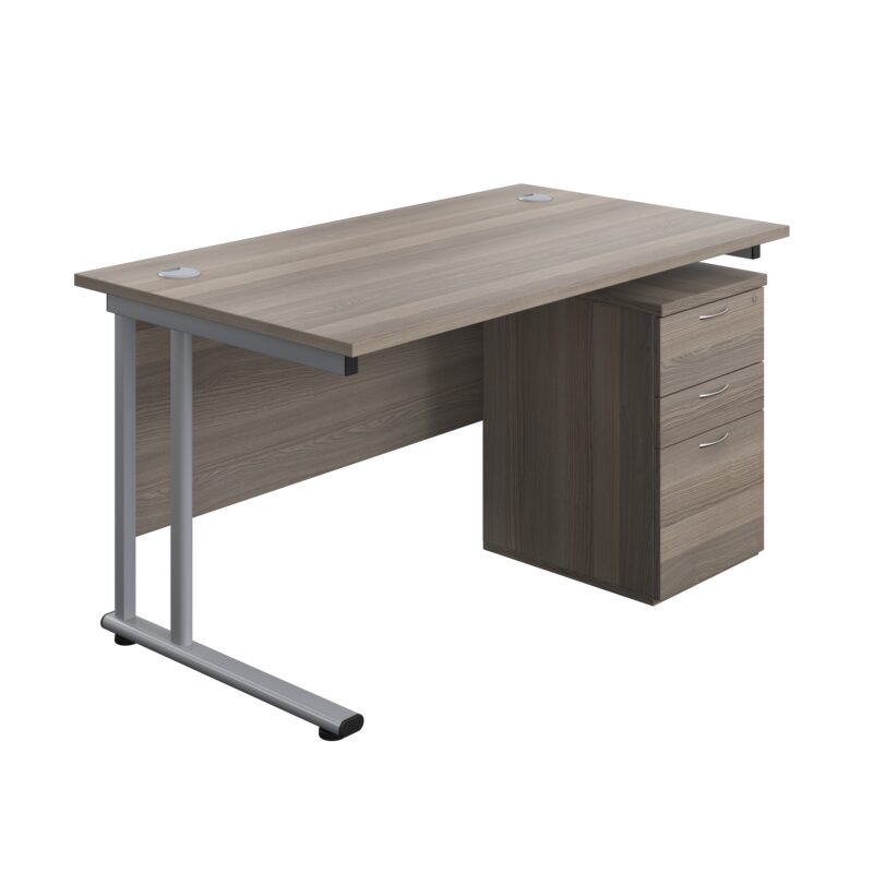 Twin Upright Rectangular Desk + High Mobile Pedestal 3 Drawer | 1400X800 | Grey Oak/Silver