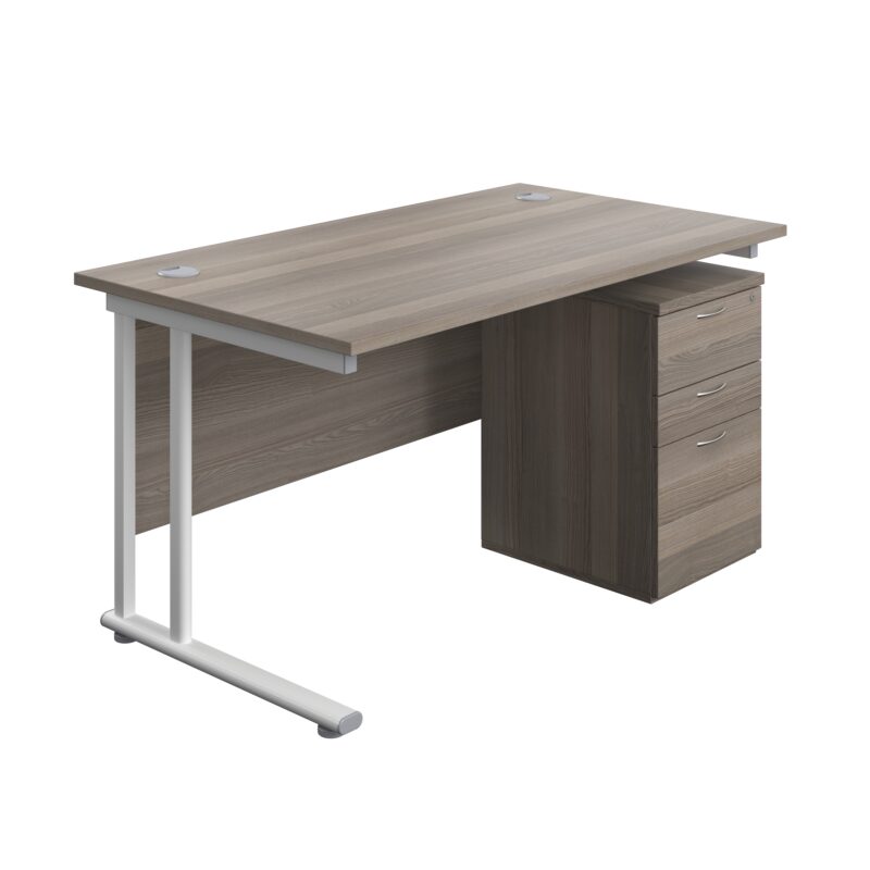 Twin Upright Rectangular Desk + High Mobile Pedestal 3 Drawer | 1400X800 | Grey Oak/White