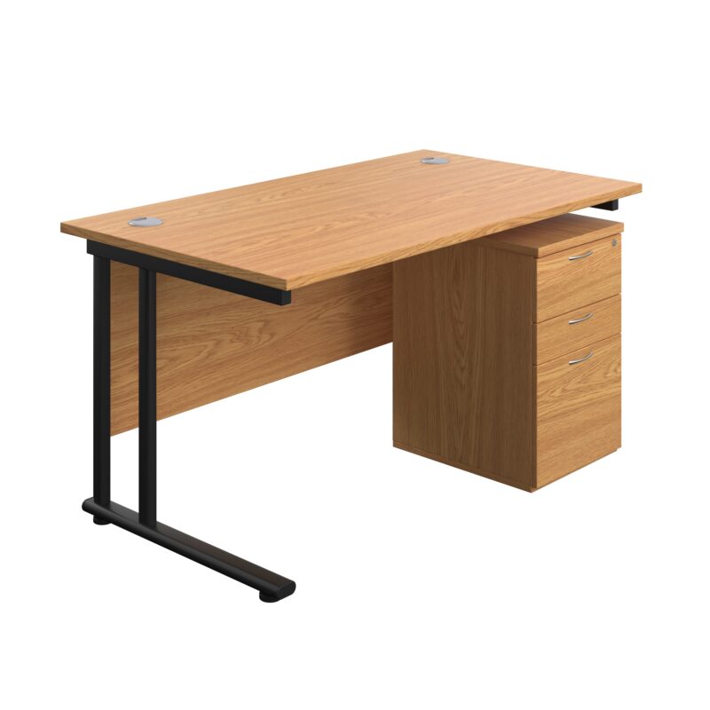 Twin Upright Rectangular Desk + High Mobile Pedestal 3 Drawer | 1400X800 | Nova Oak/Black