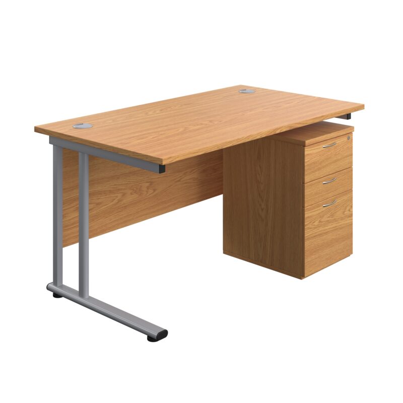 Twin Upright Rectangular Desk + High Mobile Pedestal 3 Drawer | 1400X800 | Nova Oak/Silver