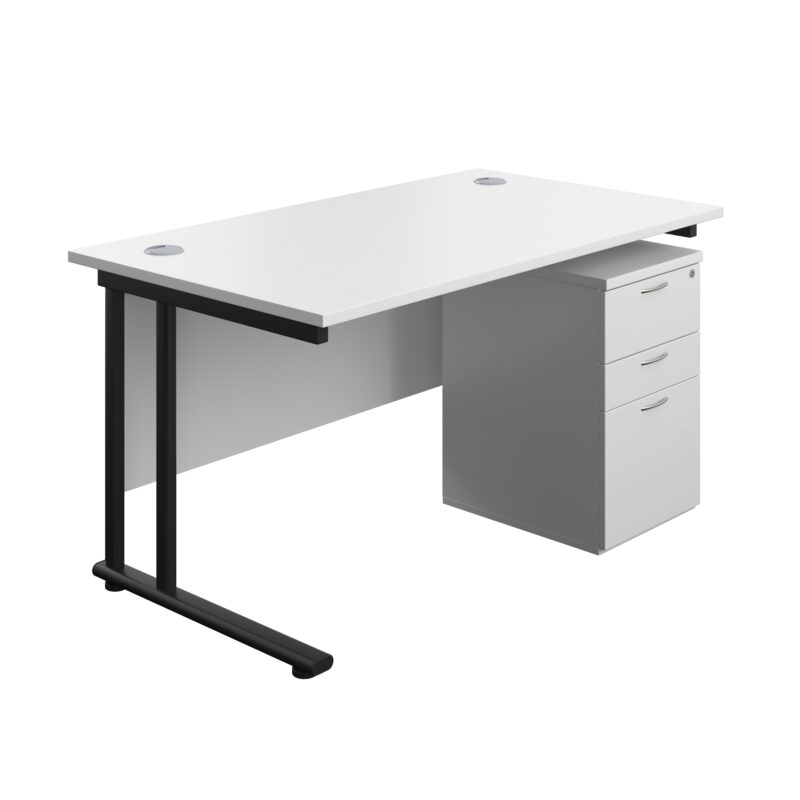 Twin Upright Rectangular Desk + High Mobile Pedestal 3 Drawer | 1400X800 | White/Black