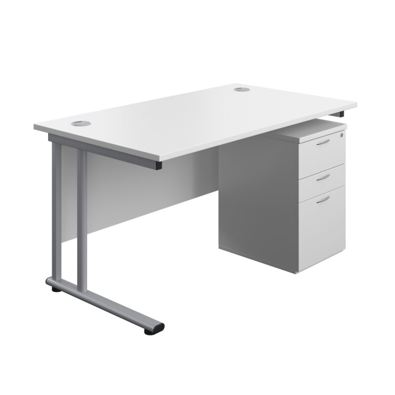 Twin Upright Rectangular Desk + High Mobile Pedestal 3 Drawer | 1400X800 | White/Silver