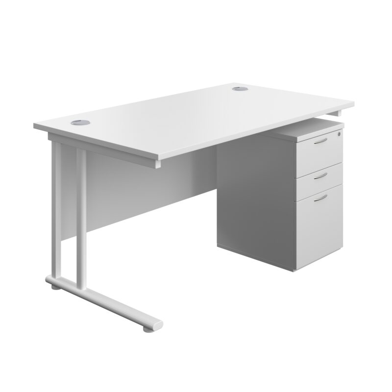 Twin Upright Rectangular Desk + High Mobile Pedestal 3 Drawer | 1400X800 | White/White