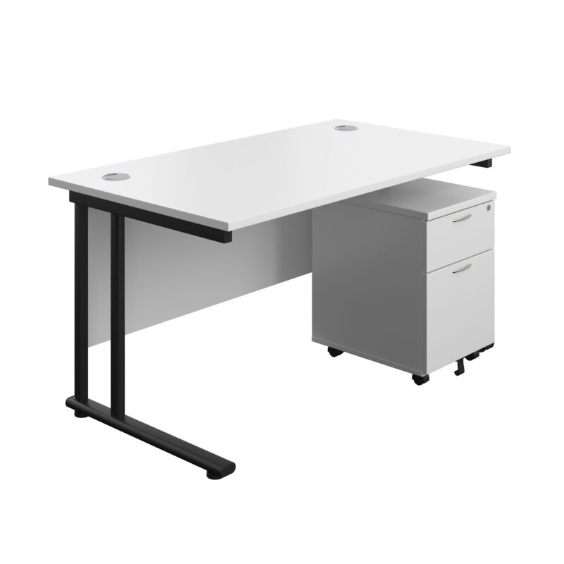 Twin Upright Rectangular Desk + Mobile 2 Drawer Pedestal | 1400X800 | White/Black