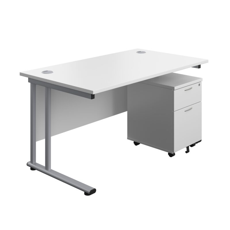 Twin Upright Rectangular Desk + Mobile 2 Drawer Pedestal | 1400X800 | White/Silver