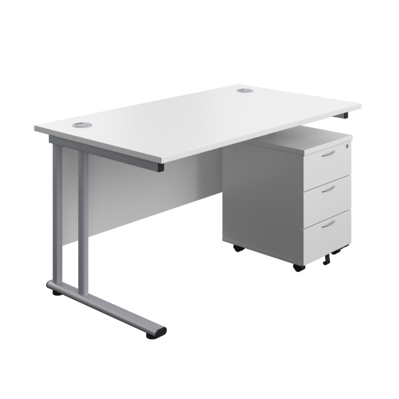 Twin Upright Rectangular Desk + Mobile 3 Drawer Pedestal | 1400X800 | White/Silver