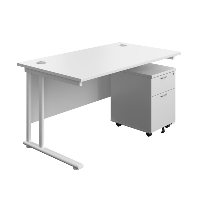 Twin Upright Rectangular Desk + Mobile 2 Drawer Pedestal | 1400X800 | White/White