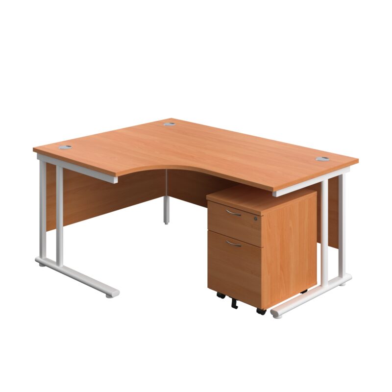 Twin Upright Left Hand Radial Desk + Mobile 2 Drawer Pedestal | 1600X1200 | Beech/White