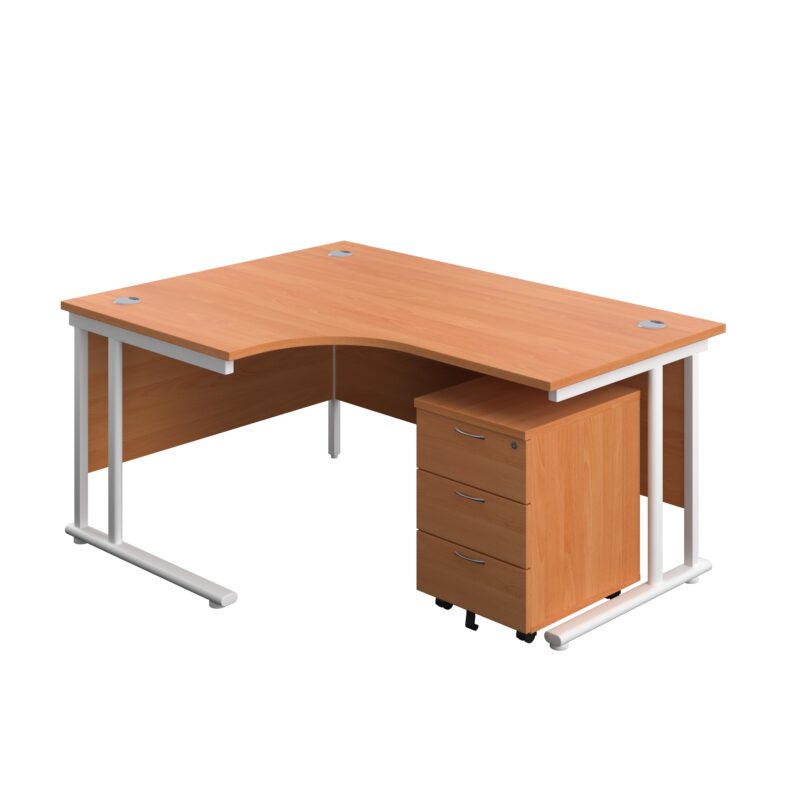 Twin Upright Left Hand Radial Desk + Mobile 3 Drawer Pedestal | 1600X1200 | Beech/White