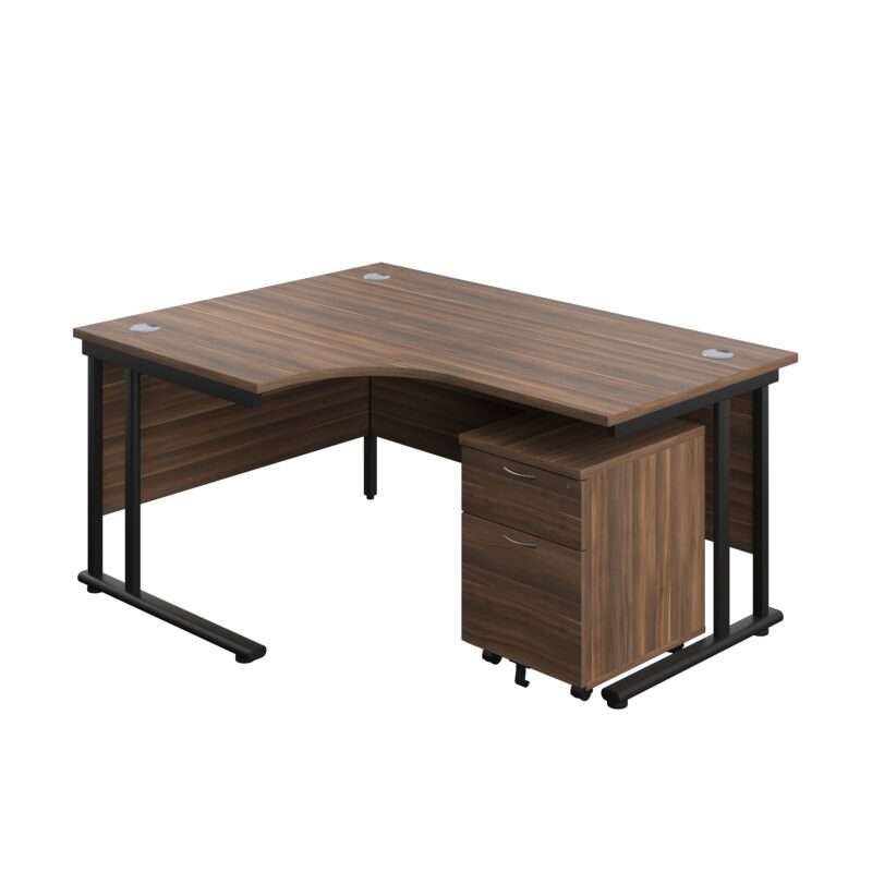 Twin Upright Left Hand Radial Desk + Mobile 2 Drawer Pedestal | 1600X1200 | Dark Walnut/Black