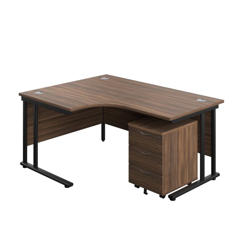 Twin Upright Left Hand Radial Desk + Mobile 3 Drawer Pedestal | 1600X1200 | Dark Walnut/Black