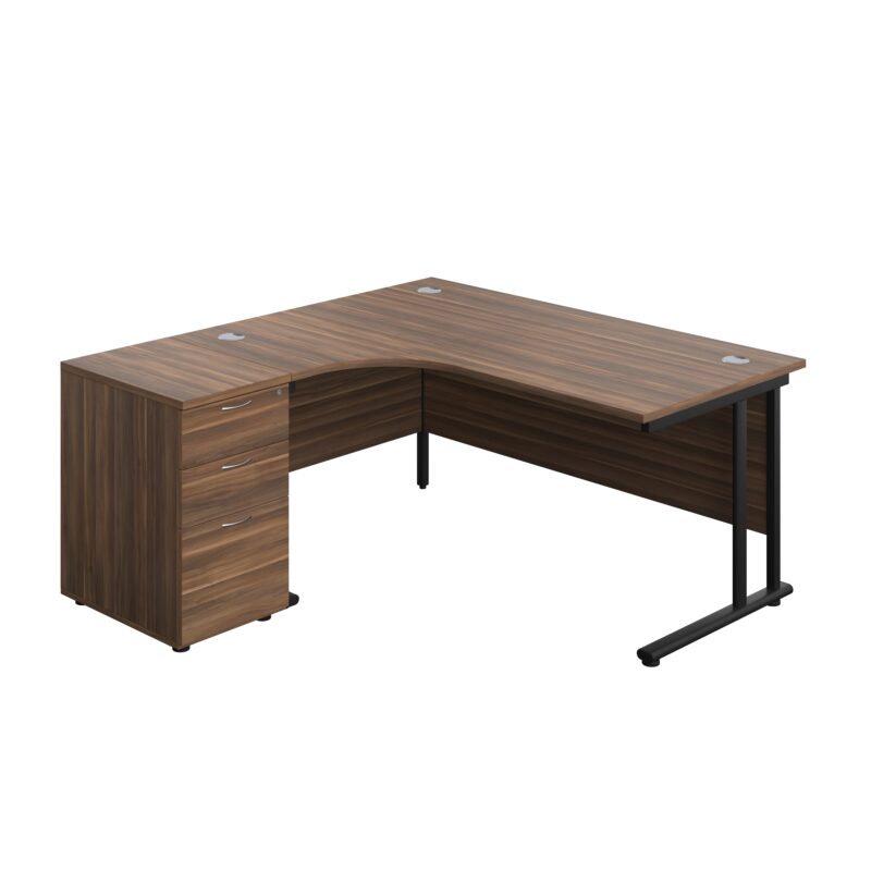 Twin Upright Left Hand Radial Desk + Desk High 3 Drawer Pedestal | 1600X1200 | 600mm Deep Pedestal | Dark Walnut/Black