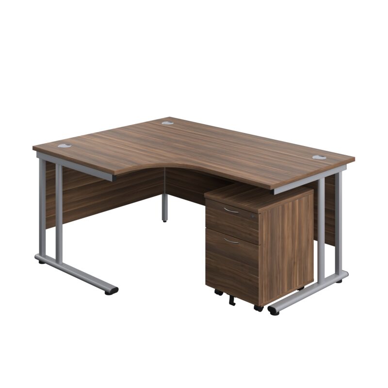 Twin Upright Left Hand Radial Desk + Mobile 2 Drawer Pedestal | 1600X1200 | Dark Walnut/Silver