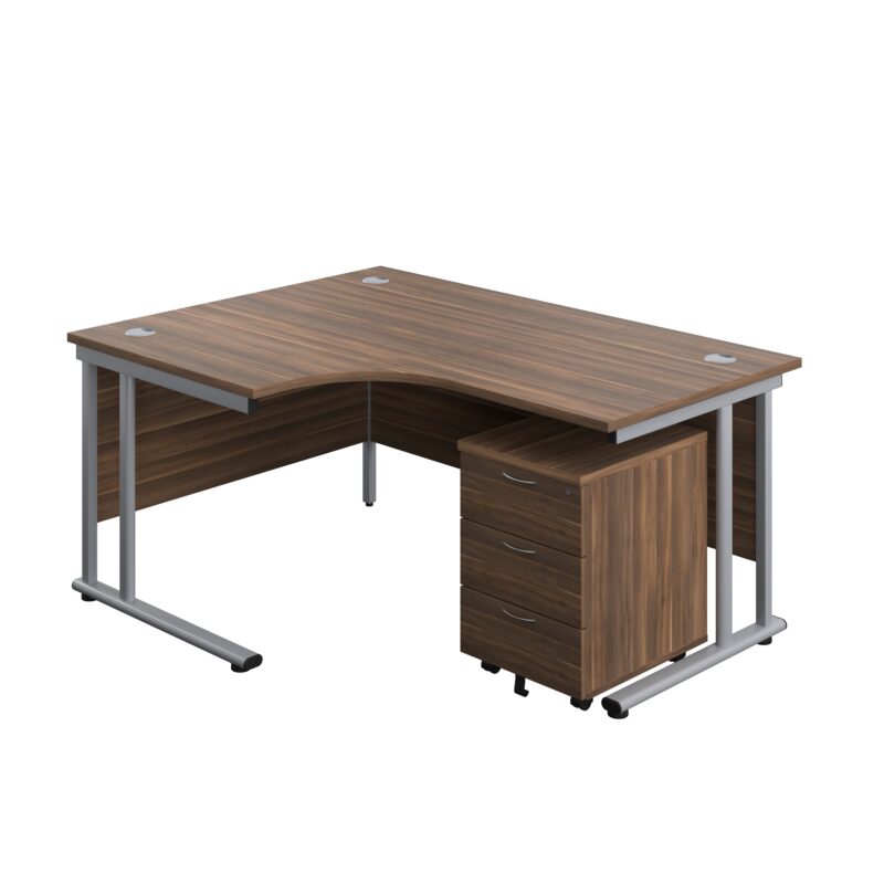 Twin Upright Left Hand Radial Desk + Mobile 3 Drawer Pedestal | 1600X1200 | Dark Walnut/Silver