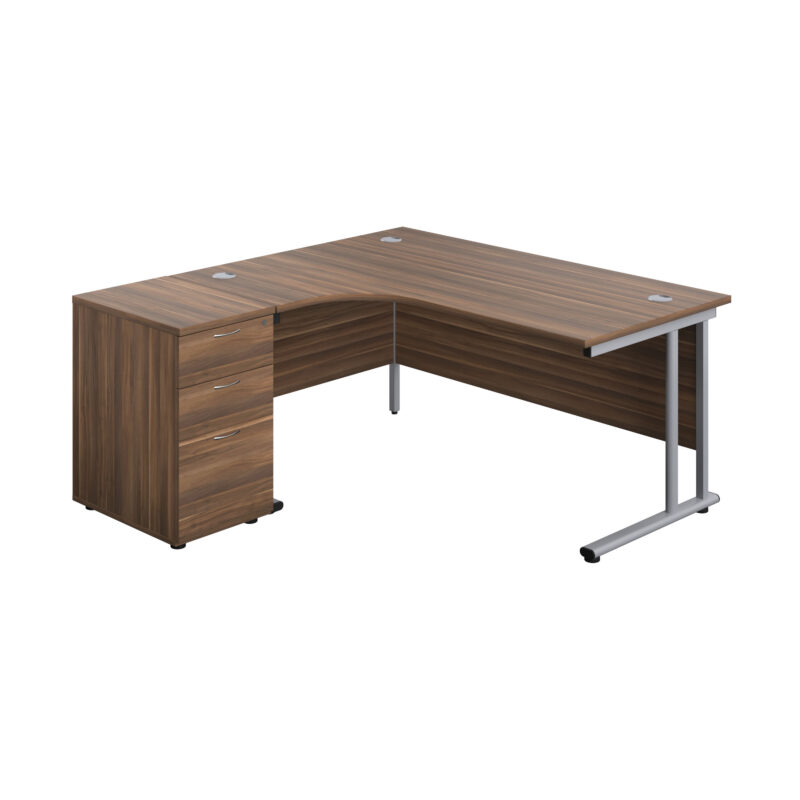 Twin Upright Left Hand Radial Desk + Desk High 3 Drawer Pedestal | 1600X1200 | 600mm Deep Pedestal | Dark Walnut/Silver