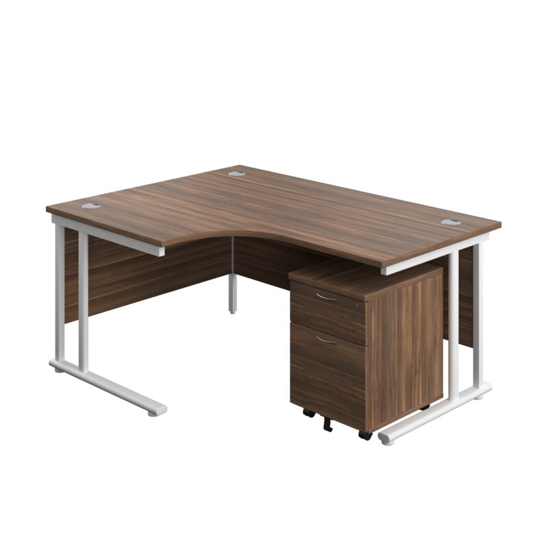 Twin Upright Left Hand Radial Desk + Mobile 2 Drawer Pedestal | 1600X1200 | Dark Walnut/White