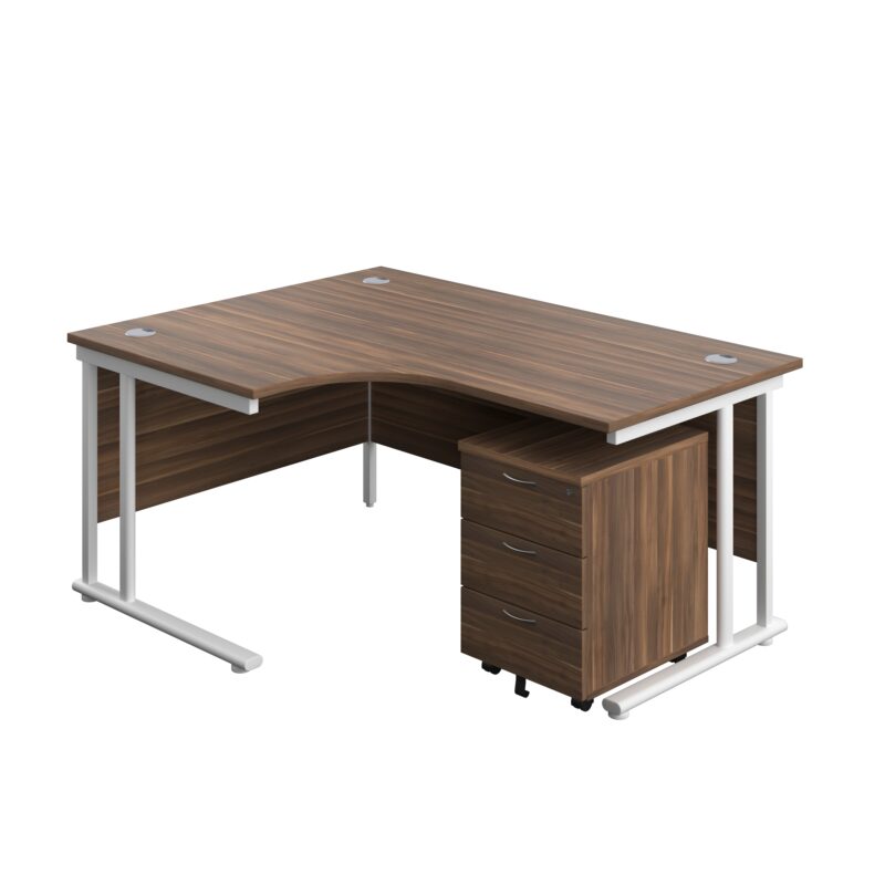 Twin Upright Left Hand Radial Desk + Mobile 3 Drawer Pedestal | 1600X1200 | Dark Walnut/White