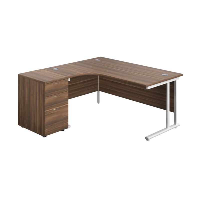 Twin Upright Left Hand Radial Desk + Desk High 3 Drawer Pedestal | 1600X1200 | 600mm Deep Pedestal | Dark Walnut/White