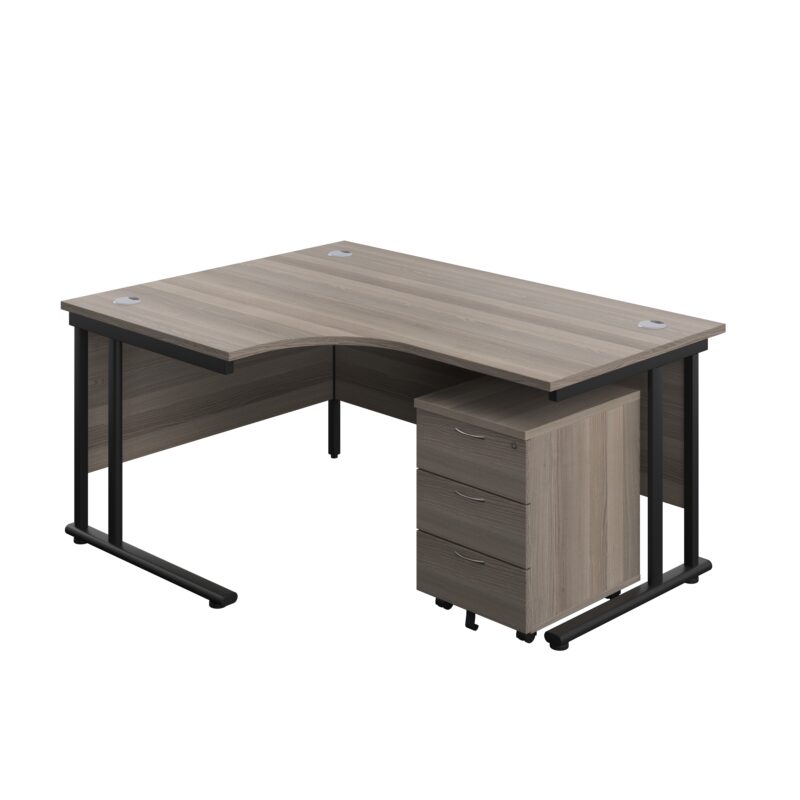 Twin Upright Left Hand Radial Desk + Mobile 3 Drawer Pedestal | 1600X1200 | Grey Oak/Black