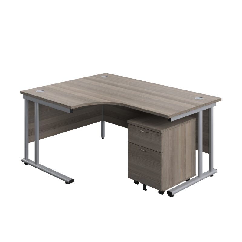 Twin Upright Left Hand Radial Desk + Mobile 2 Drawer Pedestal | 1600X1200 | Grey Oak/Silver