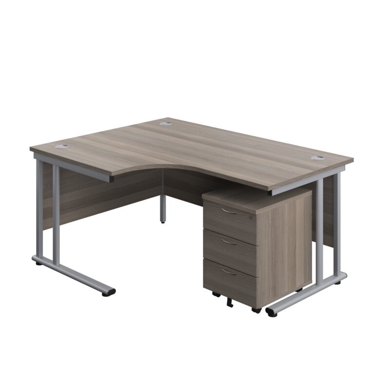 Twin Upright Left Hand Radial Desk + Mobile 3 Drawer Pedestal | 1600X1200 | Grey Oak/Silver